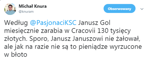 OGROMNE (jak na Ekstraklasę) zarobki Janusza Gola w Cracovii